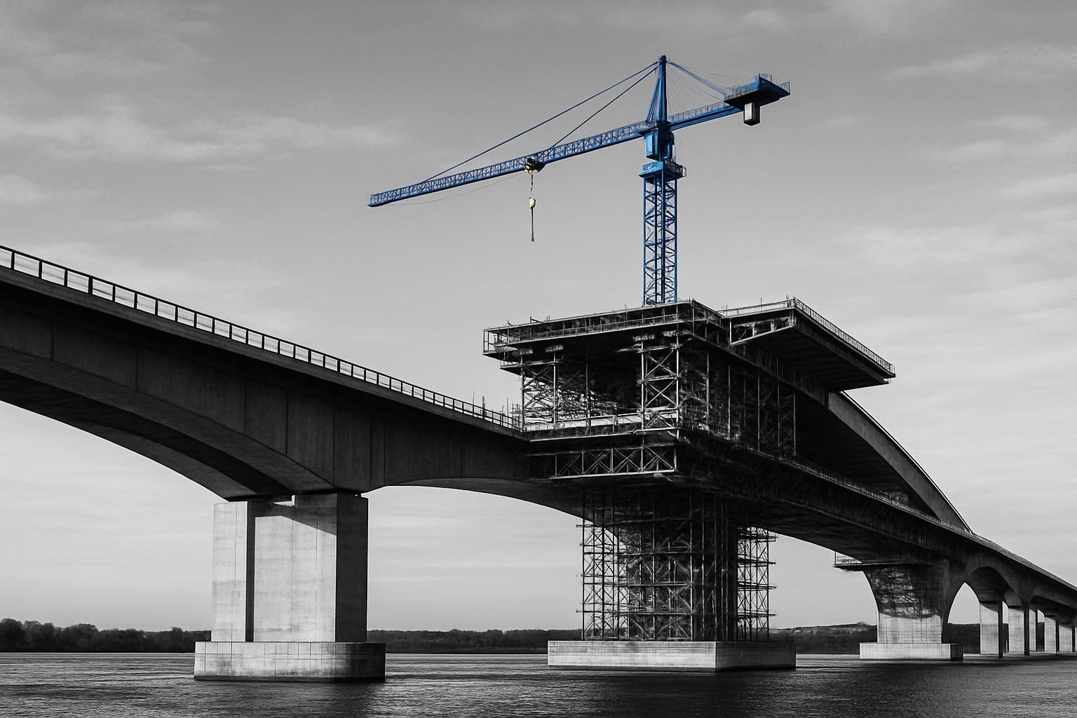 Black-and-white photo of a bridge under construction with visible scaffolding, cranes, and exposed beams.