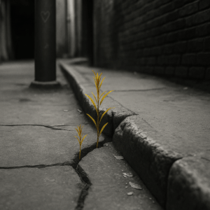 Small plants emerging from a crack in a weathered stone sidewalk in a narrow alley, symbolizing resilience and disruption in an aging structure.