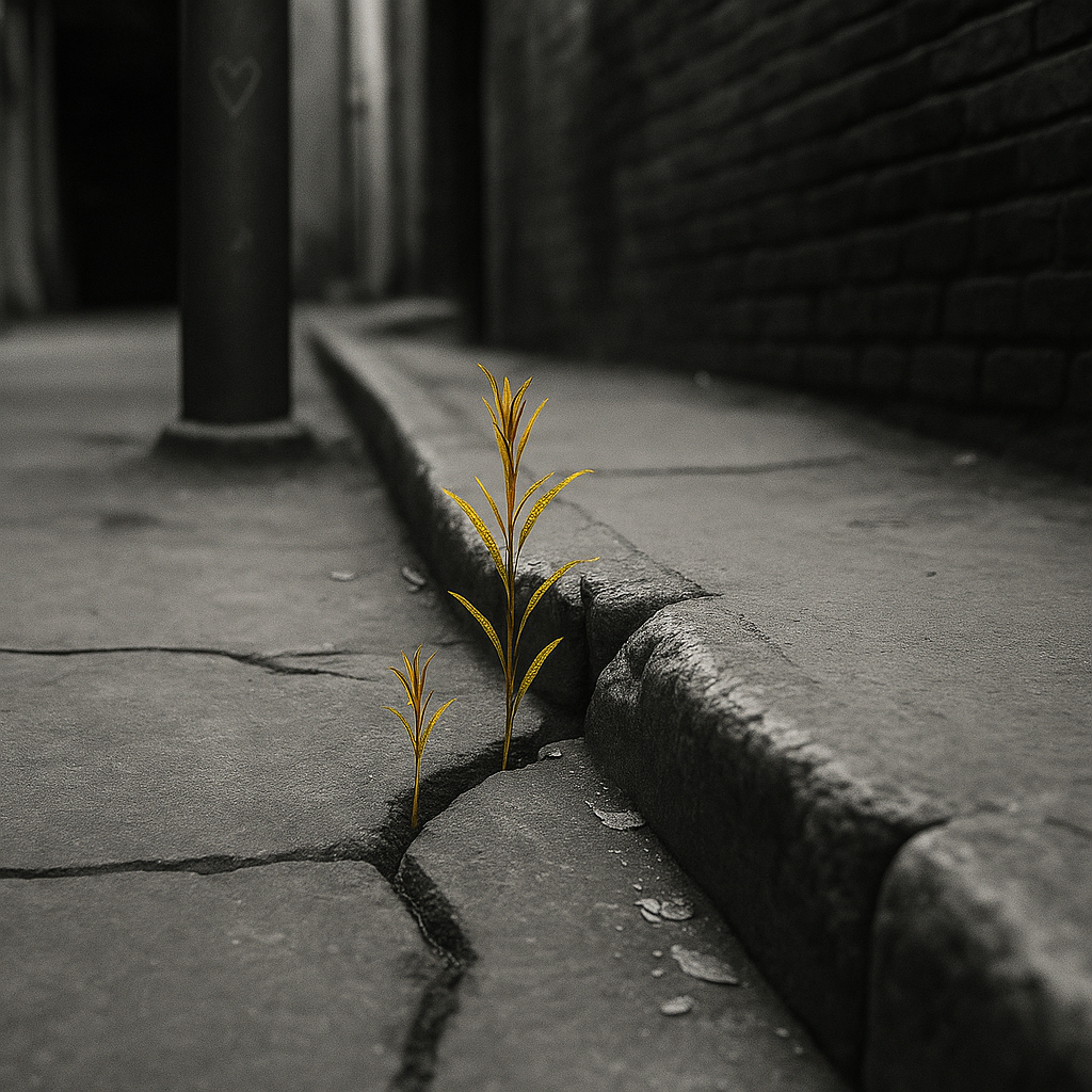 Small plants emerging from a crack in a weathered stone sidewalk in a narrow alley, symbolizing resilience and disruption in an aging structure.