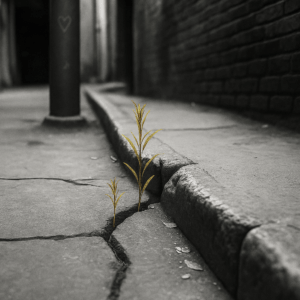 Small plants emerging from a crack in a weathered stone sidewalk in a narrow alley, symbolizing resilience and disruption in an aging structure.