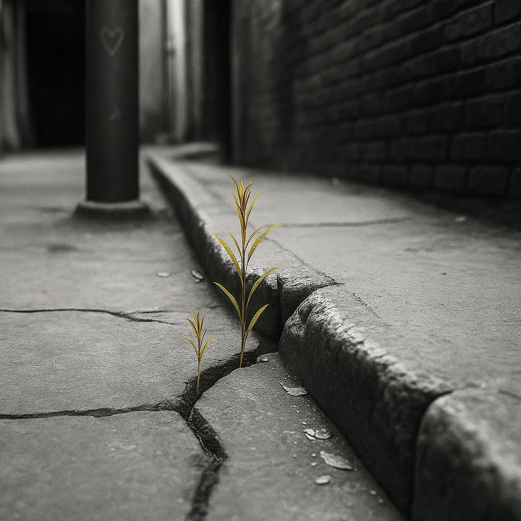 Small plants emerging from a crack in a weathered stone sidewalk in a narrow alley, symbolizing resilience and disruption in an aging structure.