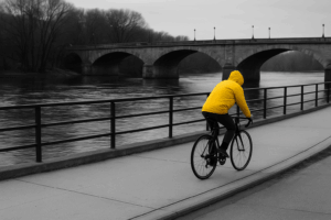 Cyclist pedaling uphill on a curving city street, metaphorically capturing the effort and alignment required to move forward against friction.