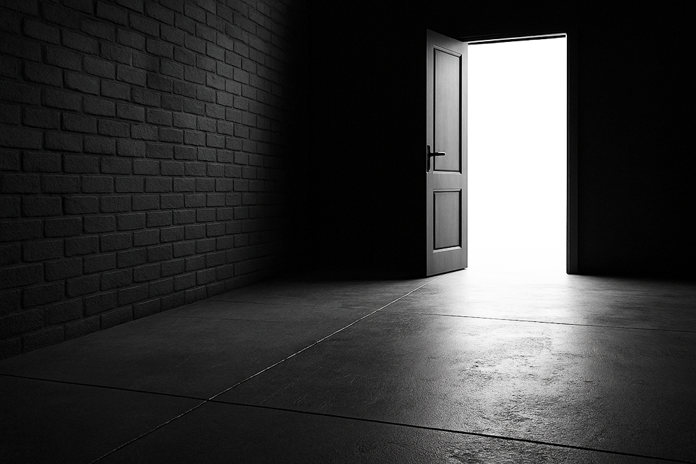 Black-and-white photograph of a long, shadowed pedestrian stairwell descending between two tall concrete walls in an urban environment. A single figure walks downward into the light, creating a visual metaphor for strategic focus and directional change. Blue accent coloring is subtly applied to the railing and ambient reflections.
