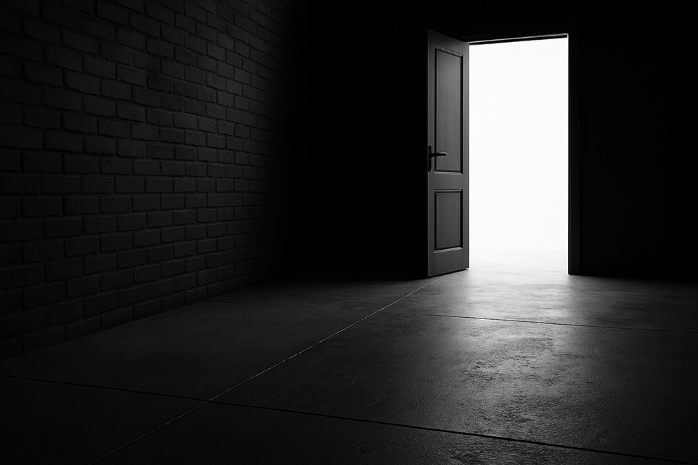 Black-and-white photograph of a long, shadowed pedestrian stairwell descending between two tall concrete walls in an urban environment. A single figure walks downward into the light, creating a visual metaphor for strategic focus and directional change. Blue accent coloring is subtly applied to the railing and ambient reflections.