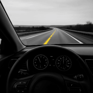 A photograph from the driver’s perspective inside a car on a two-lane road, with yellow centerlines highlighted in color and the rest of the image in black and white.