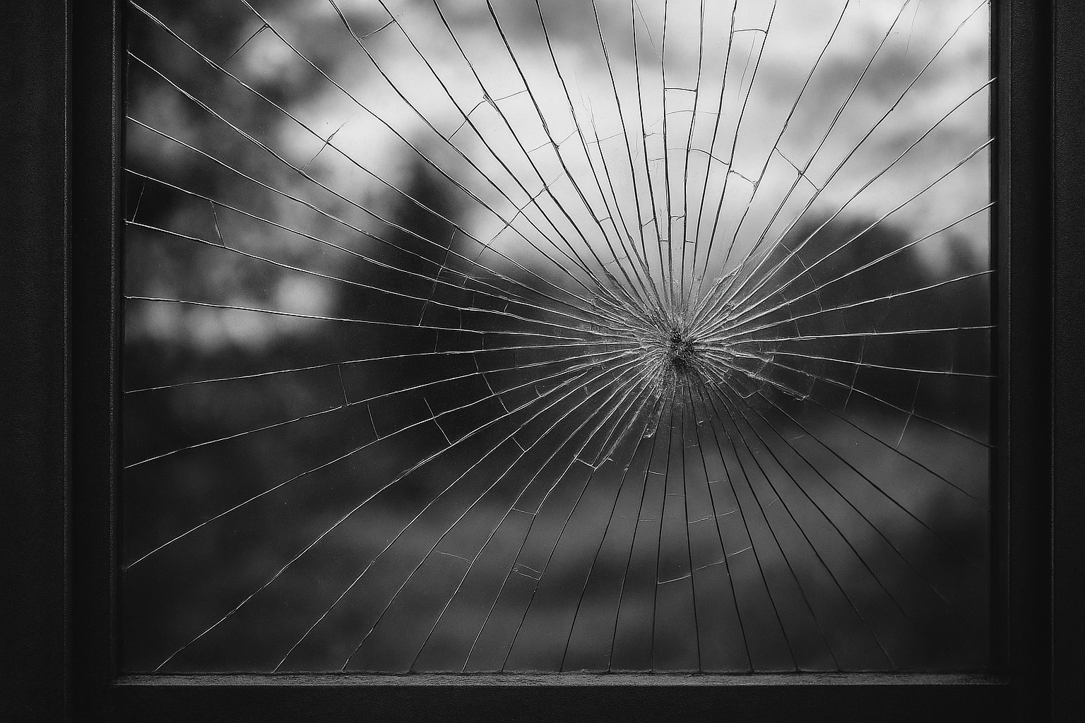 Black-and-white photograph of a shattered window pane, symbolizing the collapse of traditional marketing execution structures amid shifting business pressures.