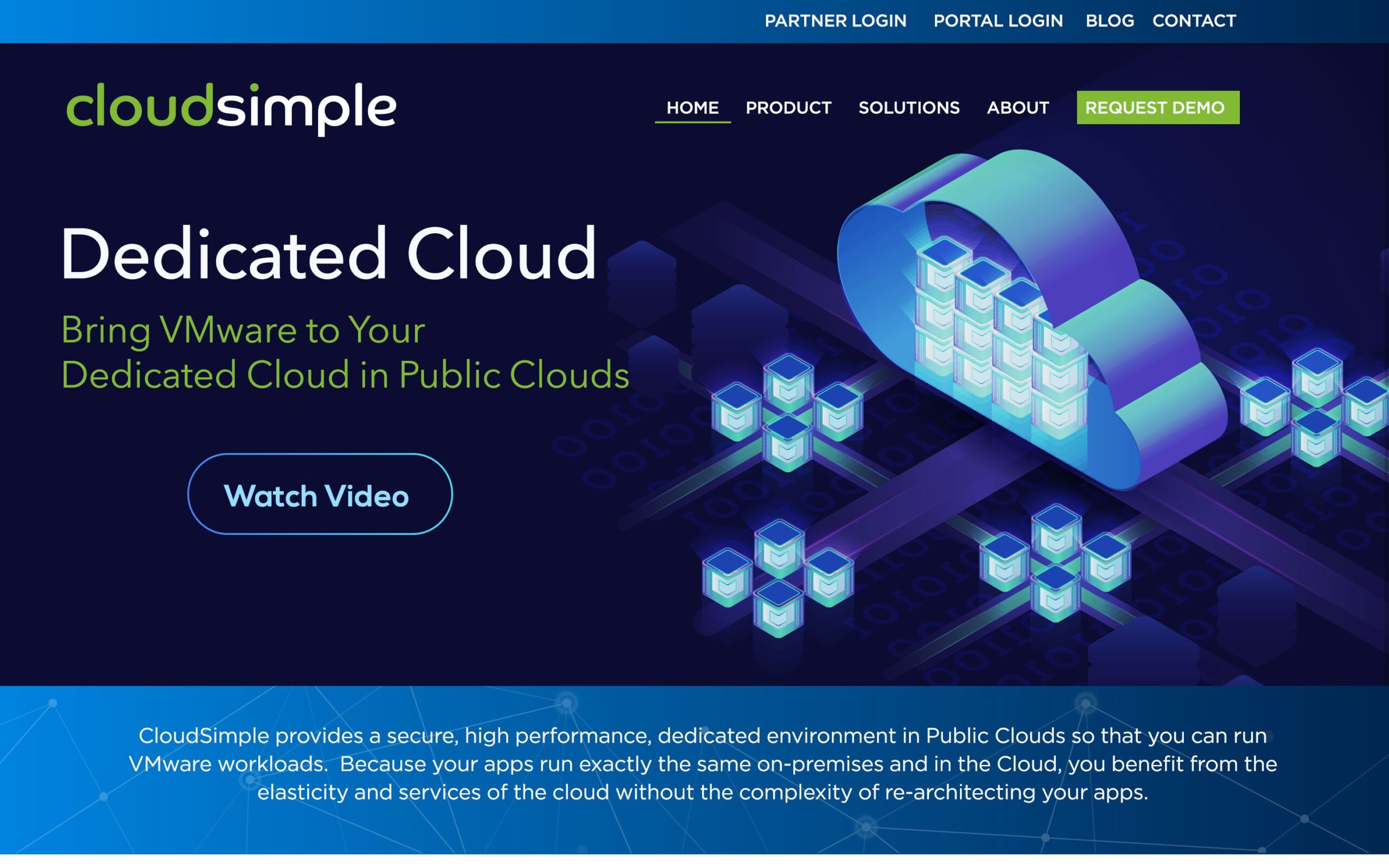 CloudSimple dedicated cloud website homepage with cloud infrastructure illustration