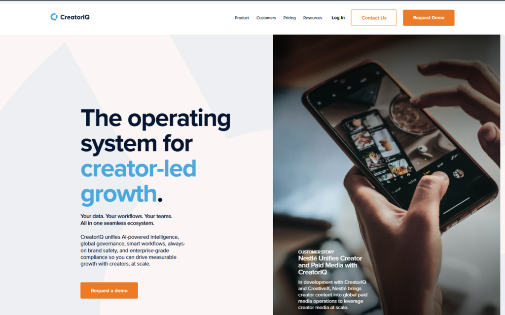 CreatorIQ homepage showing the creator marketing platform website.