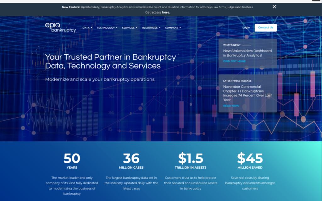 Epiq Bankruptcy homepage showing the website created by The Winders Group.