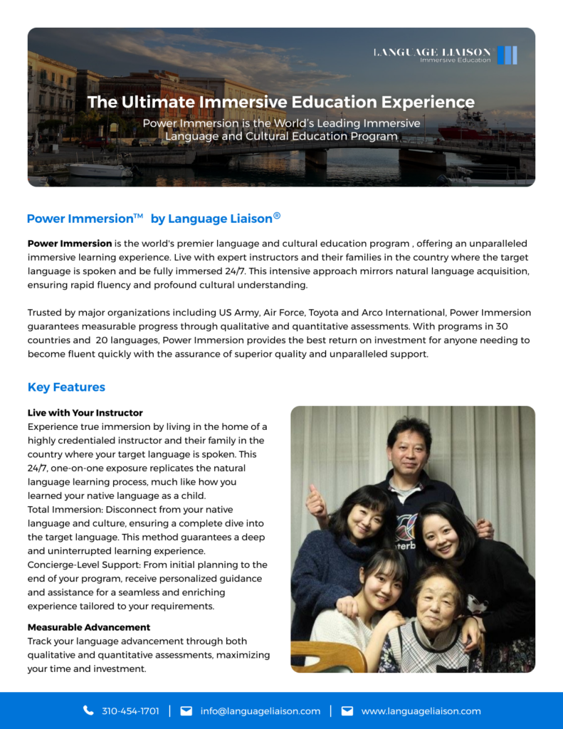Language Liaison Power Immersion program one-sheet with immersive education imagery