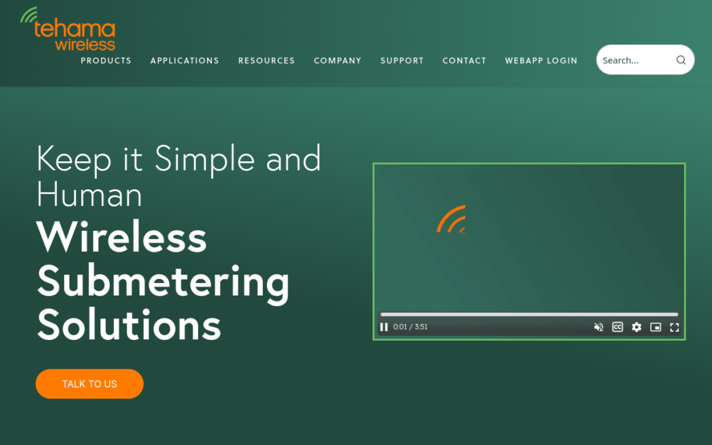 Tehama Wireless homepage showing wireless submetering solutions