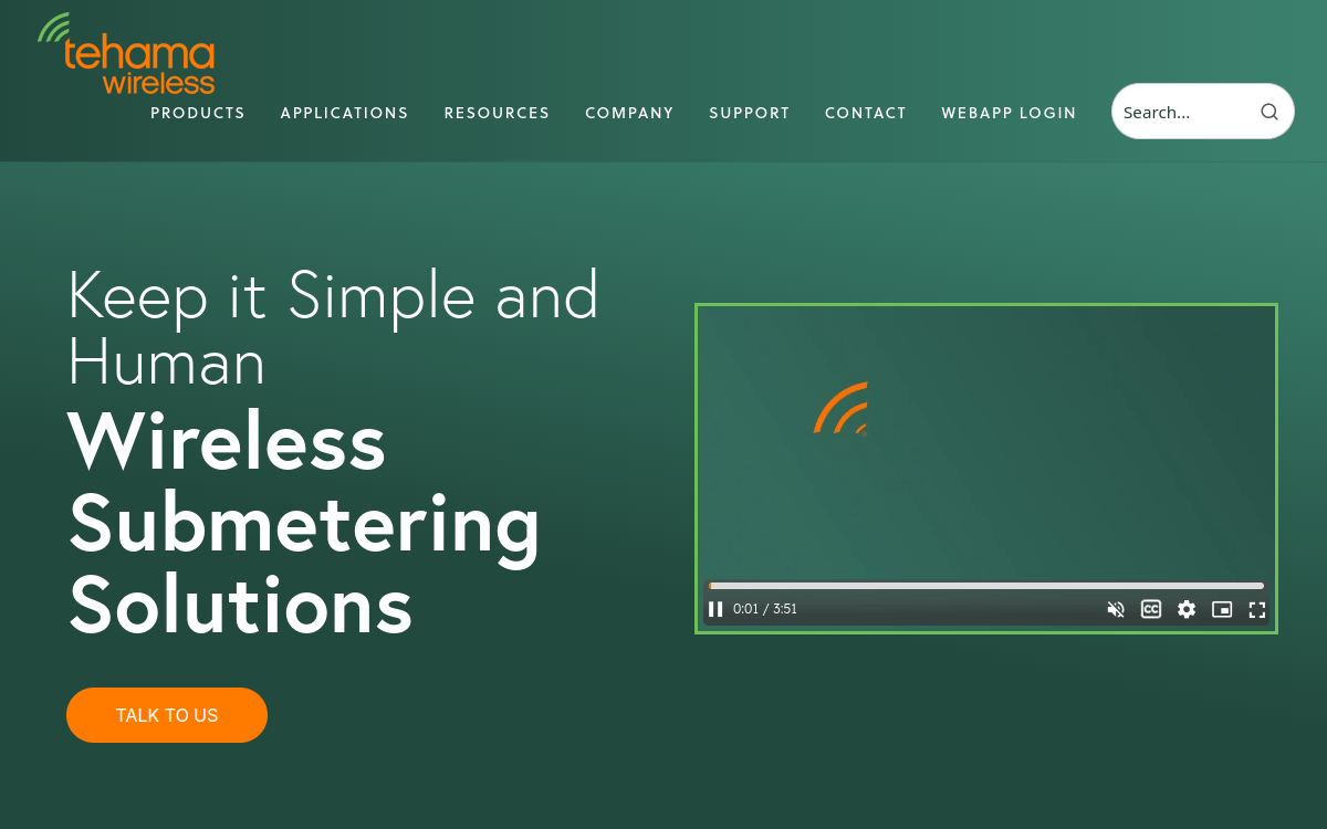 Tehama Wireless homepage showing wireless submetering solutions