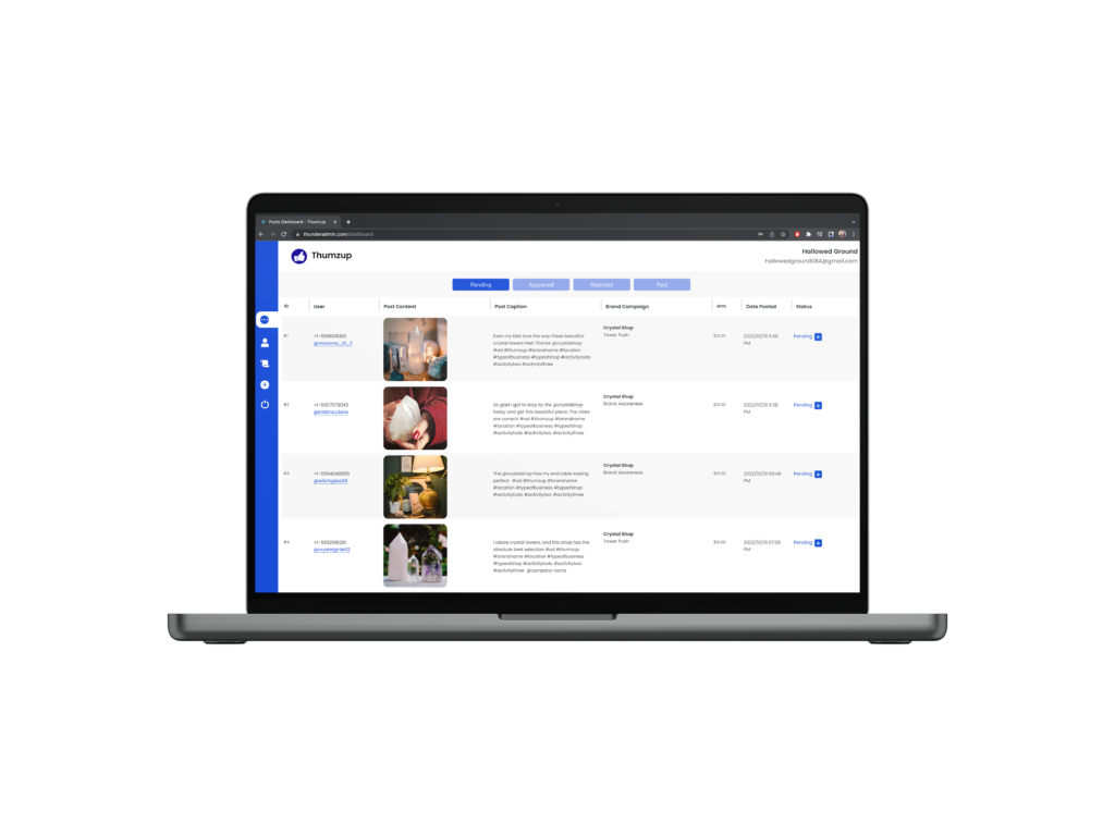 Thumzup product interface developed for Thumzup